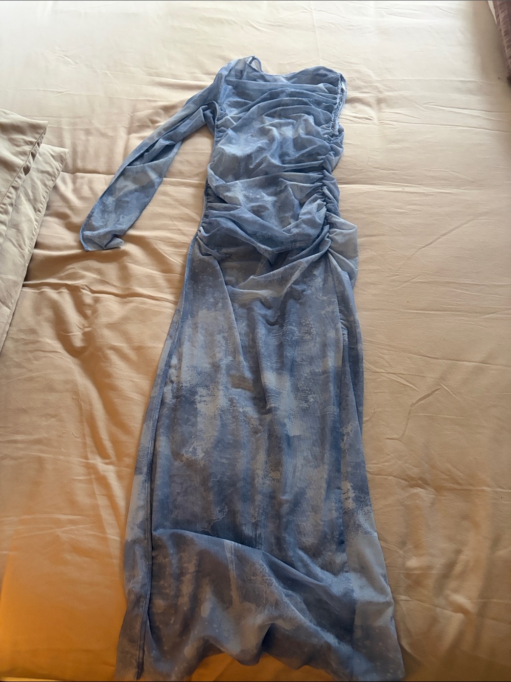 Sheer One-Shoulder Blue Ruched Maxi Dress